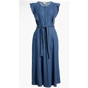 Du Paradis Tie Waist Denim A-Line Midi Dress Pockets Indigo Size Large